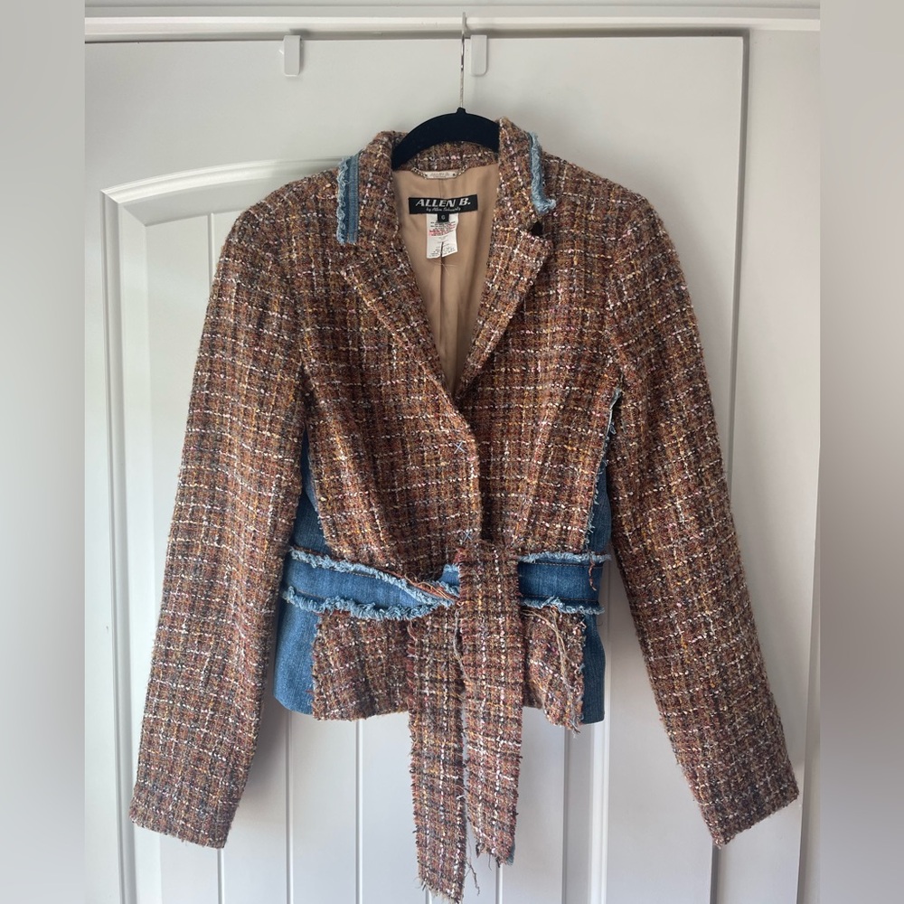 Allen B. Schwartz fitted two-tone tweed/denim blazer.